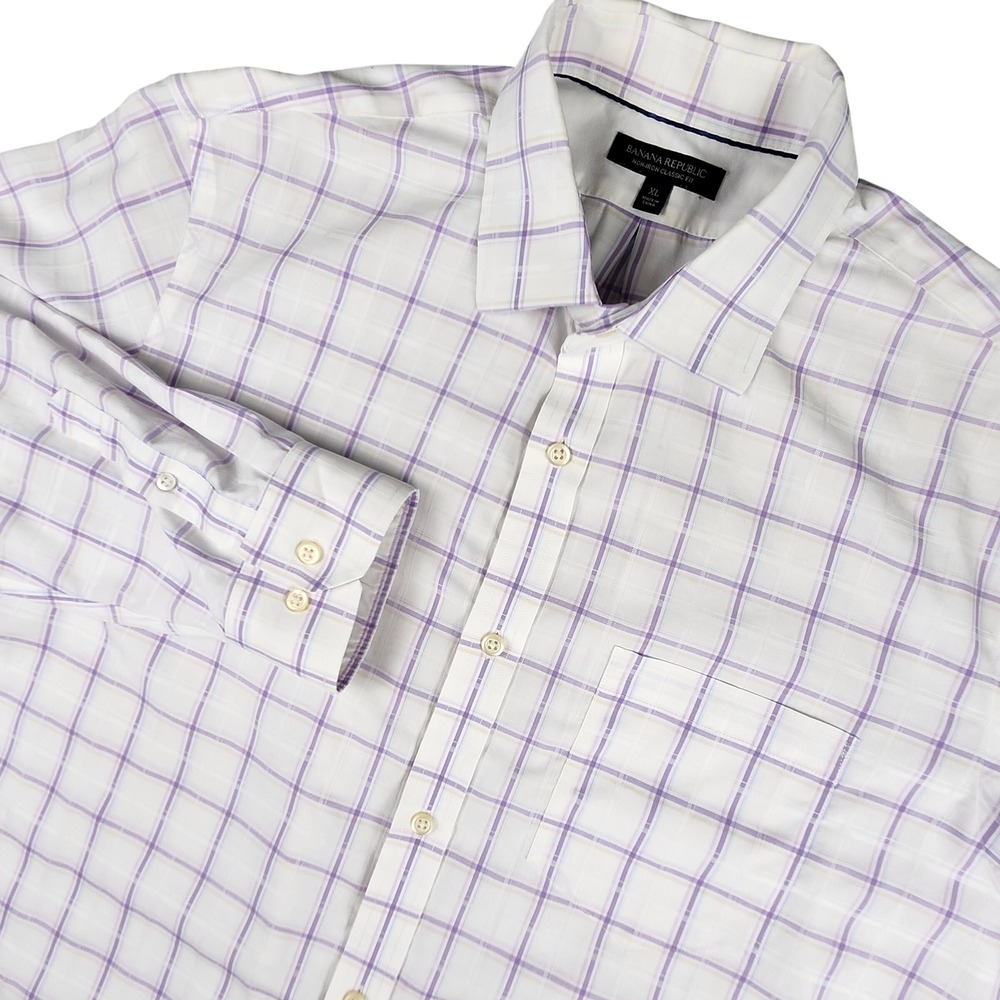 Banana Republic Button Down Mens XL White Purple Plaid‎ Non-Iron Classic Fit